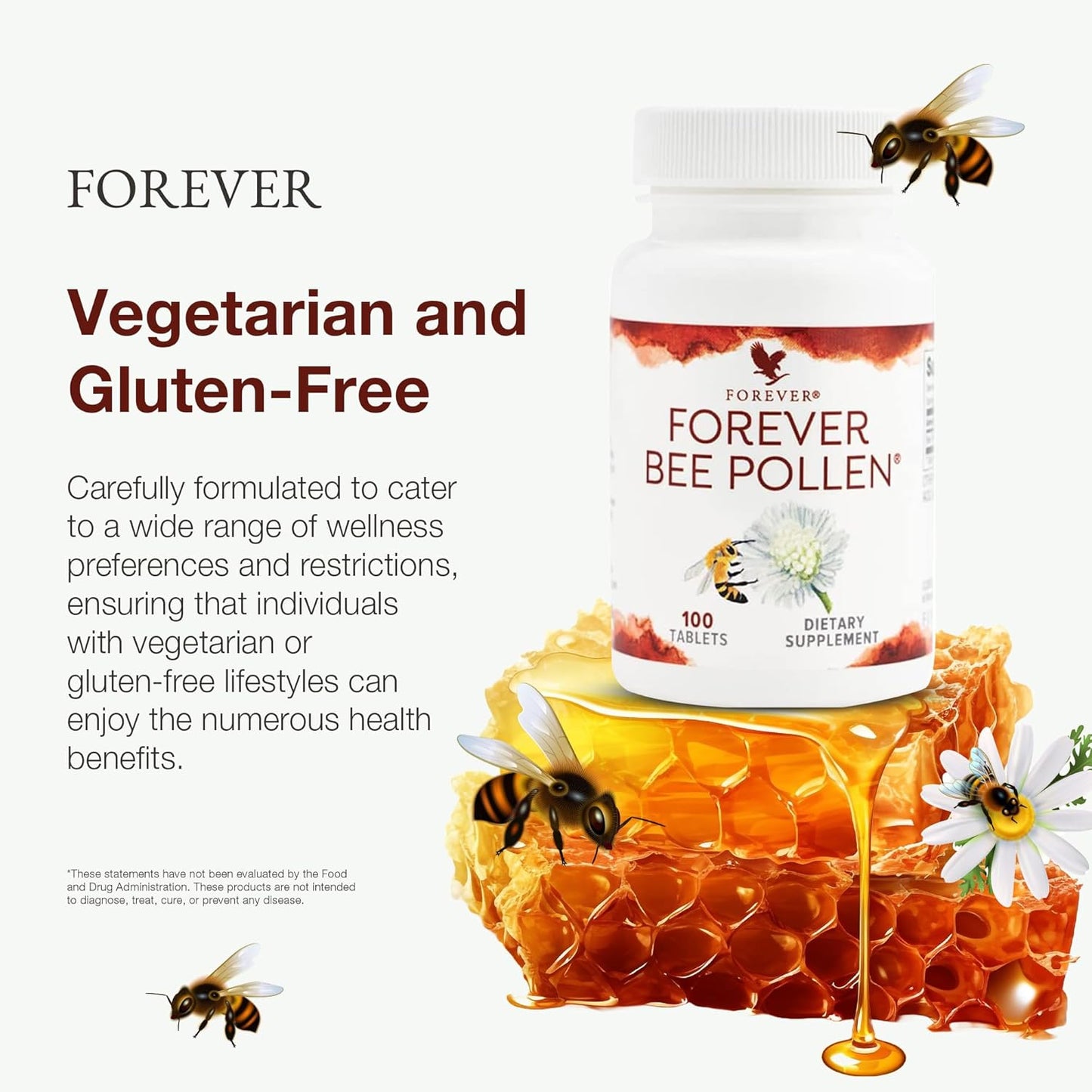 Forever Living - Bee Pollen - Energy and Nutrition with Bioactive Compounds - Vegetarian and Gluten-Free - 100 Tablets