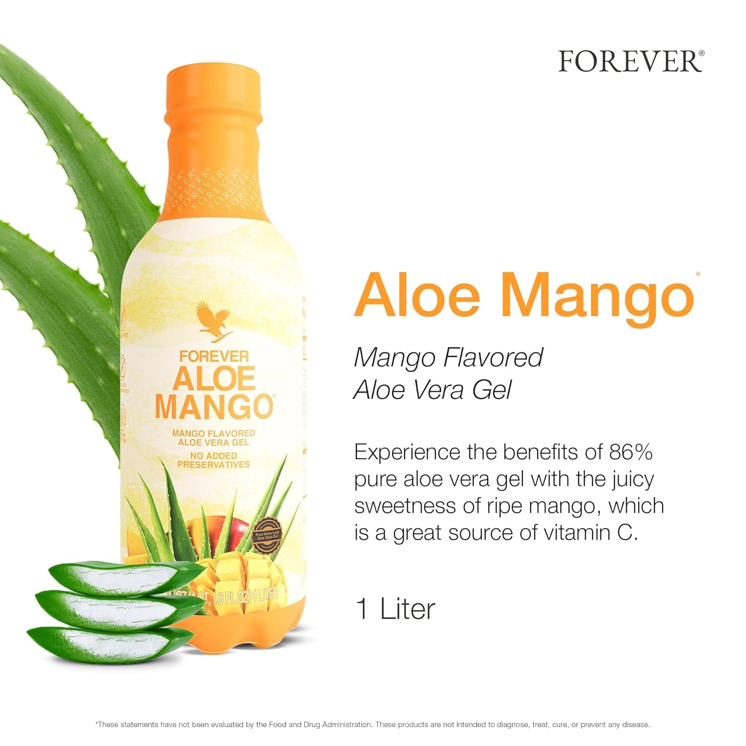Forever Living - Forever Aloe Mango - Pure Aloe Vera Gel Infused with Mango - Gluten-Free and Vegan with Added Vitamin C - 1 Liter