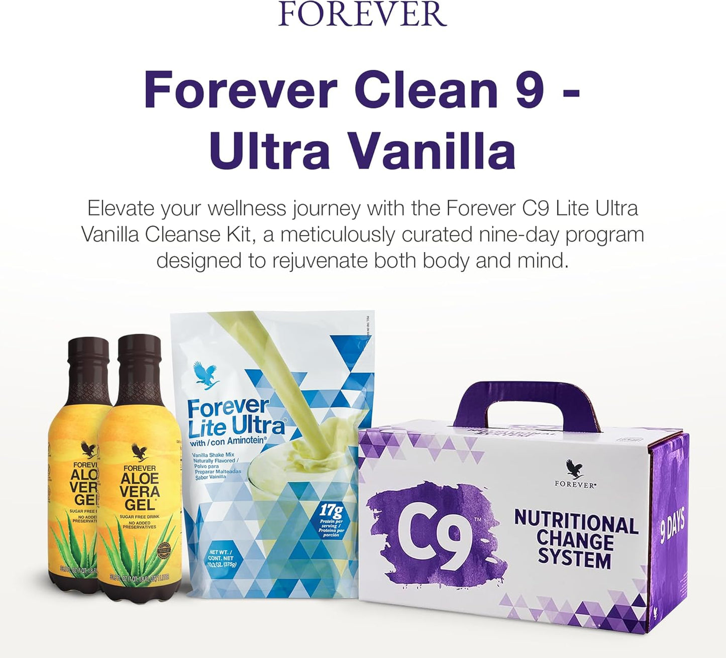 C9 Aloe Vera Gel Vanilla Forever Living & Ultra Cleanse Kit with Plant Protein, Thermogenic Blend, Garcinia, Fiber, Shake Mix for Detox & Self-Care