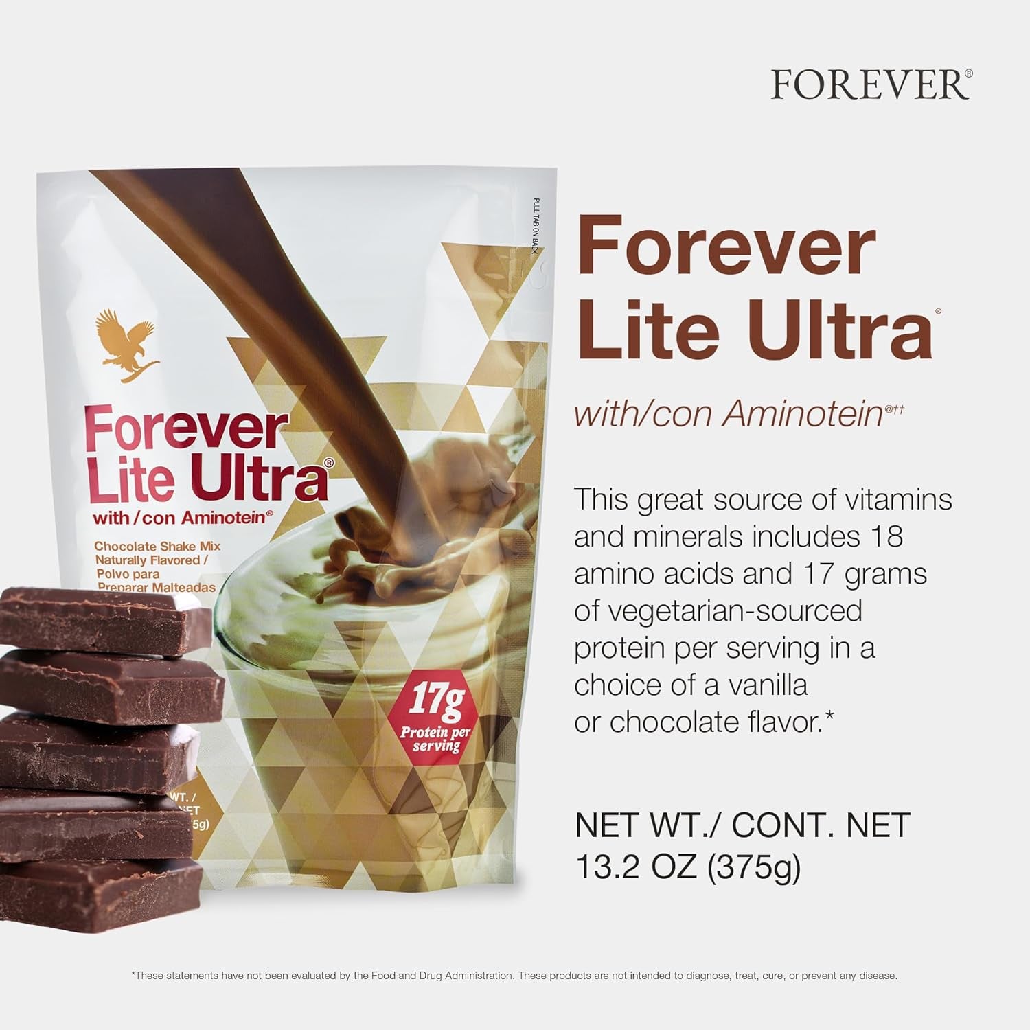 zz 005 Forever Living - Lite Ultra Chocolate Protein Shake Mix with Aminotein, Low Carb Drink for Lean Muscle Mass, 13.2 Oz
